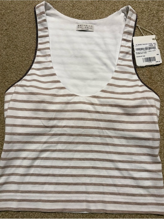 Brunello Cucinelli Tops - Brunello Cucinelli Cream & Taupe Striped Cotton Tank with Brunello Monili Trim